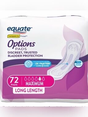 NEW Equate Options Pads Women’s Incontinence Pads-Max Absorbency (Long)-72 Pads